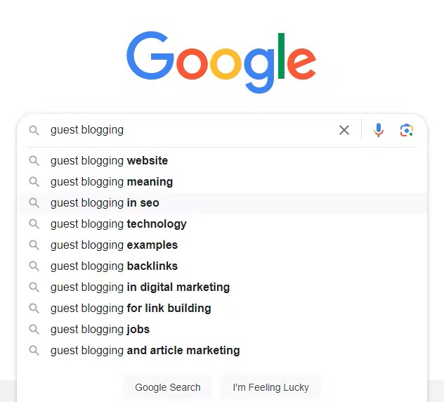 Searching "guest blogging" keyword in google